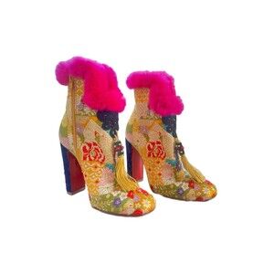 Christian Louboutin May Wong 100 Floral & Rabbit Fur Block Heel Booties